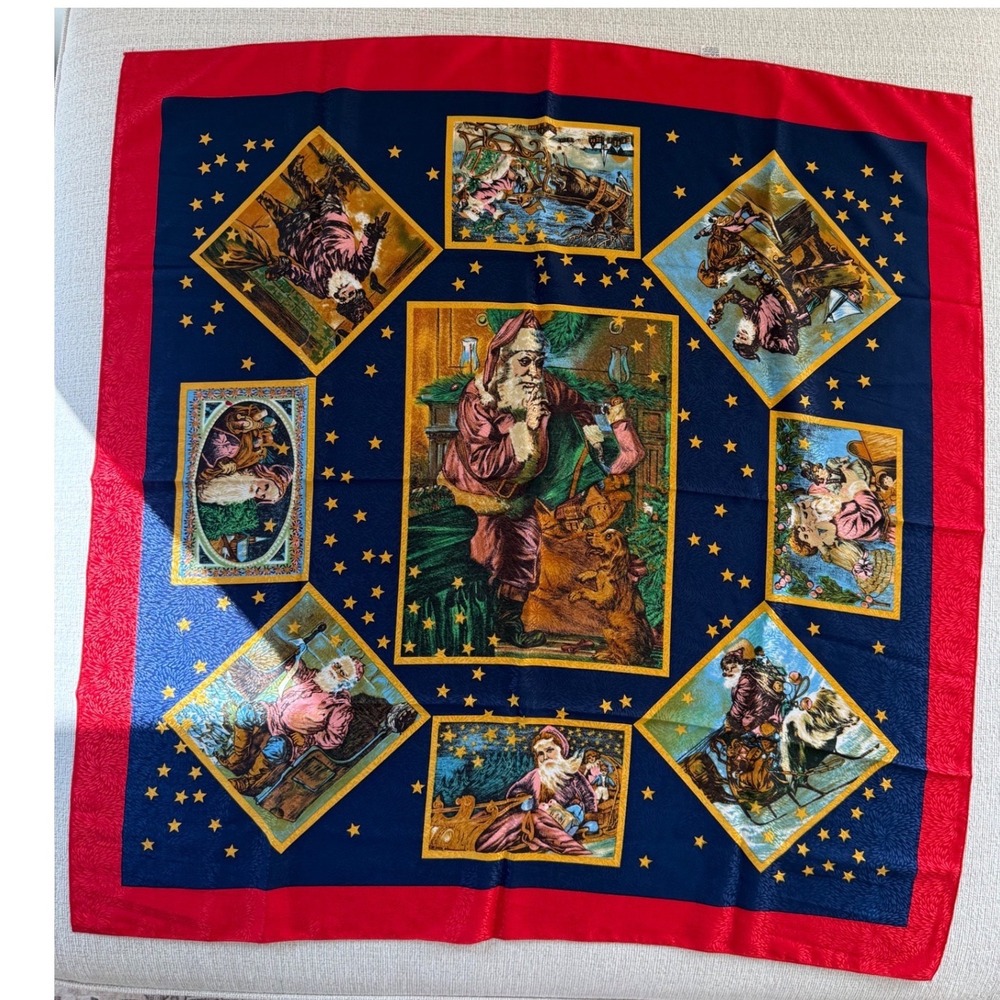 Vintage Peacock Silk Trading Co Santa Christmas Lg Square Scarf Navy Red Retro